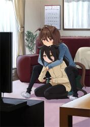 2girls agnes_tachyon_(umamusume) animal_ears black_hair black_pants brown_hair calendar_(object) chemical_structure closed_mouth commentary controller coralreef966 couch cowboy_shot curtains ear_tag earrings ears_down game_console game_controller hair_between_eyes highres holding horse_ears horse_girl horse_tail indoors jewelry long_hair long_sleeves manhattan_cafe_(umamusume) multicolored_hair multiple_girls on_couch pants plant playstation_4 potted_plant purple_shirt red_eyes seiza shirt single_earring sitting socks sweater symbol-only_commentary table tail television umamusume very_long_hair white_hair white_socks window yellow_eyes yellow_sweater yuri