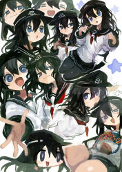 +_+ 1girl :i =_= absurdres akatsuki_(kancolle) anchor_symbol black_hair black_hat black_sailor_collar black_skirt blue_eyes closed_mouth commentary_request flat_cap hair_between_eyes hat highres kaamin_(mariarose753) kantai_collection long_hair long_sleeves multiple_views neckerchief open_mouth pantyhose parted_lips pleated_skirt red_neckerchief sailor_collar school_uniform serafuku sitting skirt star_(symbol) tears