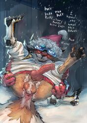 1boy absurdres animal_ears animal_penis anus ass claws commentary commission concosive english_commentary english_text erection fangs furry furry_male gloves grin guardians_of_the_galaxy hat highres looking_at_viewer lying male_focus marvel marvel_cinematic_universe marvel_rivals on_back on_ground pawpads penis precum raccoon_boy raccoon_ears raccoon_tail red_gloves rocket_raccoon rocket_raccoon_(wild_winter)_(marvel_rivals) santa_hat smile snow spread_ass tail testicles