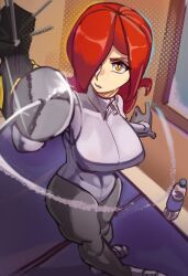 Rule 34 | 1girl, absurdres, bottle, breasts, fencing, fencing suit, hair over one eye, highres, krieg (skullgirls), large breasts, long hair, moxydraws, official alternate costume, parasoul (skullgirls), rapier, red hair, skullgirls, solo, sword, water bottle, weapon, yellow eyes, zipper pull tab