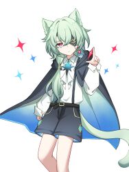 1boy anaxa_(honkai:_star_rail) black_shorts cape chinese_commentary commentary du_li eyepatch green_hair highres honkai:_star_rail honkai_(series) long_hair male_focus multicolored_eyes shirt shorts simple_background solo suspenders two-tone_eyes white_background white_shirt