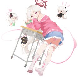 1girl absurdres blue_archive halo highres kneepits long_hair mahjong mahjong_tile mutsuki_(blue_archive) panties pointy_ears purple_eyes striped_clothes striped_panties table underwear very_long_hair white_background white_hair zhuozhuozhuo