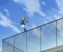 1girl absurdres alternate_costume alternate_hair_color black_skirt black_socks blue_cardigan blue_eyes blue_sky cardigan chain-link_fence cloud collared_shirt commentary_request day fence full_body grey_hair hatsune_miku highres imminent_suicide koruneiyu long_hair long_sleeves looking_afar miniskirt monochro_blue_sky_(vocaloid) necktie outdoors pleated_skirt red_necktie shirt skirt sky sleeveless sleeveless_shirt socks solo twintails very_long_hair vocaloid wide_shot
