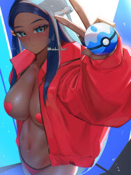 Rule 34 | 1girl, black hair, blue eyes, blue hair, blush, breasts, dark-skinned female, dark skin, eyeliner, hair bun, haska (user gure4787), heart pasties, highres, jacket, large breasts, long hair, long sleeves, looking at viewer, makeup, multicolored hair, navel, nessa (pokemon), nintendo, panties, pasties, poke ball, pokemon, pokemon swsh, red jacket, red panties, sidelocks, single hair bun, solo, two-tone hair, underwear
