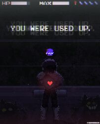 1other artist_name commentary deltarune english_commentary english_text friend_(deltarune) game_console health_bar heart heterochromia highres iamdoru1 kris_(dark_world)_(deltarune) kris_(deltarune) pink_eyes pixel_art pixel_heart smile soul_(deltarune) twitter_username user_interface yellow_eyes
