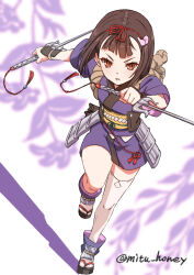 1girl armor bob_cut brown_hair flower_knight_girl hagi_(flower_knight_girl) highres hikari_(mitsu_honey) japanese_armor japanese_clothes kimono looking_at_viewer parted_lips purple_kimono red_eyes running sai_(weapon) sandals short_hair short_kimono short_yukata single_thighhigh solo thighhighs weapon yukata