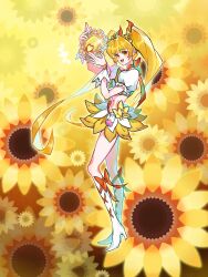 Rule 34 | 1girl, absurdres, blonde hair, boots, bottle, bow, bow choker, bowtie, choker, crop top, cure sunshine, earrings, eyelashes, floral background, flower, flower earrings, flower skirt, footwear bow, frilled sleeves, frilled wrist cuffs, frills, full body, hair between eyes, hair bow, hair flower, hair ornament, happy, heartcatch precure!, highres, holding, holding instrument, inhan, instrument, jewelry, knee boots, lace-up boots, long hair, magical girl, midriff, miniskirt, myoudouin itsuki, navel, open mouth, orange bow, orange choker, orange eyes, orange wrist cuffs, perfume bottle, precure, puffy short sleeves, puffy sleeves, shiny tambourine (heartcatch precure!), shirt, short sleeves, skirt, smile, solo, standing, sunflower, tachi-e, tambourine, twintails, two-tone skirt, very long hair, white boots, white shirt, white skirt, wrist cuffs, yellow background, yellow bow, yellow bowtie, yellow flower, yellow skirt, yellow theme
