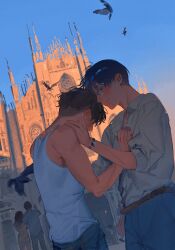 Rule 34 | 2girls, 4boys, absurdres, amo (amo 0514), architecture, armpit crease, bare arms, bare shoulders, belt, bird, black bird, blue eyes, blue hair, blue pants, blue sky, blush, brown belt, brown hair, building, cathedral, closed mouth, collared shirt, commentary request, couple, cowboy shot, crow, crying, dusk, dutch angle, earrings, from side, glasses, gothic architecture, grey shirt, hand on another&#039;s chest, hand on another&#039;s neck, head down, heads together, highres, jewelry, light frown, looking at another, looking down, male focus, milan cathedral, multiple boys, multiple girls, open collar, original, outdoors, pants, shirt, shirt tucked in, short hair, sky, sleeves rolled up, standing, sunlight, tank top, three-quarter sleeves, undercut, watch, white tank top, wristwatch, yaoi