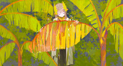Rule 34 | 1girl, absurdres, arknights, banana leaf, brown hair, choker, closed eyes, closed mouth, coat, elf, facing down, green theme, highres, laurel crown, leaf, long hair, lyuqiu, mole, mole under eye, muelsyse (arknights), open clothes, open coat, outdoors, pointy ears, solo, straight-on, very long hair, white coat