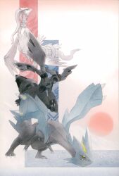 3others absurdres artist_request colored_sclera dragon flying full_body gen_5_pokemon highres kyurem legendary_pokemon looking_ahead multiple_others nintendo official_art pokemon pokemon_(creature) pokemon_tcg postcard reshiram scan zekrom