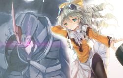 1girl ascot black_pantyhose bow closed_mouth cowboy_shot dress female_focus goggles goggles_on_head green_eyes grey_hair hair_between_eyes hair_bow inoue_takuya_(tactactak) long_hair looking_at_viewer maria_balthasar mecha orange_shirt pantyhose ringlets robot seibzehn shirt smile solo white_dress xenogears yellow_bow