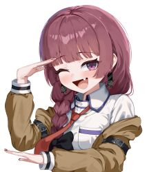 Rule 34 | 1girl, ;d, absurdres, agm, armband, black armband, black bow, black nails, blue trim, blunt bangs, blush, bocchi the rock!, bow, braid, breast pocket, breasts, brown jacket, buckle, collared shirt, commentary, commission, cosplay, earrings, english commentary, fang, hair bow, hair over shoulder, hanafuda earrings, hand up, highres, hiroi kikuri, jacket, jewelry, long hair, looking at viewer, makise kurisu, makise kurisu (cosplay), necktie, off shoulder, one eye closed, open mouth, pocket, purple eyes, purple hair, red necktie, science adventure, shirt, side braid, sidelocks, sideways glance, simple background, small breasts, smile, solo, steins;gate, straight hair, tongue, white background, white shirt