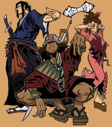 1girl 2boys beard_stubble black_hair blue_kimono brown_hair double_v facial_hair full_body fuu_(samurai_champloo) geta glasses hair_bun hakama hat highres japanese_clothes jinnosuke kimono krozhatch looking_at_viewer mugen_(samurai_champloo) multiple_boys obi okobo orange_background pink_kimono platform_sandals ponytail red_sash samurai_champloo sandals sash shorts sidelocks simple_background squatting stubble v
