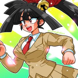 1girl artist_name bell black_hair brown_jacket brown_skirt hair_bell hair_ornament high_ponytail igami_ichika jacket jingle_bell long_hair looking_to_the_side necktie open_mouth ponytail red_necktie shirt skirt solo susume!_ashitabara_gakuen teeth upper_body upper_teeth_only wanta_(futoshi) white_shirt