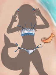 1girl beach bikini claw_pose commentary dressed_shadow_(meme) ebi-chan_(gawr_gura) english_commentary fins fish_tail gawr_gura highres hololive hololive_english medium_hair meme ocean shark_tail shrimp solo striped_bikini striped_clothes swimsuit tail unworn_bikini user_cutg4354 virtual_youtuber