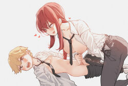 1boy 1girl age_difference aged_down black_necktie black_pants blonde_hair blush braid braided_ponytail breasts chainsaw_man clothes_pull collared_shirt commentary denji_(chainsaw_man) dress_shirt girl_on_top handjob heart hetero highres large_breasts long_hair looking_at_another lying makima_(chainsaw_man) mucha_(user_sxzr8573) necktie nipples on_back onee-shota open_clothes open_mouth open_shirt pants pants_pull penis red_hair shirt shirt_tucked_in short_hair shota simple_background smile teeth uncensored upper_teeth_only white_background white_shirt