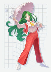 Rule 34 | 1girl, absurdres, ascot, frilled umbrella, frills, green eyes, green hair, grid, guumin, hair over one eye, highres, kazami yuuka, kazami yuuka (pc-98), long hair, long sleeves, lotus land story, no shoes, pants, parasol, plaid clothes, plaid pants, plaid vest, shirt, smile, solo, touhou, touhou (pc-98), umbrella, very long hair, vest, warped, white footwear