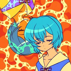 Rule 34 | 2girls, ayanami rei, blue hair, clone, closed eyes, closed mouth, collarbone, commentary, cryptidhermit, hair between eyes, highres, lcl, long eyelashes, multiple girls, neon genesis evangelion, red ribbon, ribbon, rotational symmetry, school uniform, shirt, short hair, upper body, white shirt