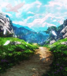 bird blue_sky cloud cloudy_sky day falling_petals feathers grass highres no_humans original outdoors path petals reason_(mark-of-the-unicorn) road scenery shadow sky sunlight tree white_bird