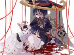 2boys armor black_hair black_hat black_leggings black_mouth black_sash black_shorts black_sleeves black_socks blood blood_on_clothes blood_on_ground blunt_ends closed_eyes clothing_cutout doll_joints dual_persona eyeliner eyeshadow furisode genshin_impact gold gold_trim grey_veil hat headpat highres japanese_armor japanese_clothes jewelry jingasa joints juban kariginu kimono kingyo_(nyankomanjyuu15) kote kurokote lap_pillow layered_sleeves leggings lying makeup mitsudomoe_(shape) multiple_boys neck_ring o-ring on_side open_clothes open_kimono open_mouth pants pelvic_curtain purple_kimono purple_rope purple_sash purple_sleeves red_eyeliner red_eyeshadow red_hat red_kimono red_sash rope sash scaramouche_(genshin_impact) scaramouche_(kabukimono)_(genshin_impact) seiza shimenawa short_sleeves shorts side_cutout single_sode sitting socks string tassel tears toeless_legwear tomoe_(symbol) veil white_background white_pants white_rope white_sleeves wide_sleeves wispy_bangs