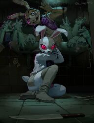 1boy 1girl absurdres alpineping animal_costume animal_ears artist_name blue_bow blue_bowtie bow bowtie buck_teeth commentary english_commentary eyelashes fake_animal_ears fake_tail five_nights_at_freddy&#039;s five_nights_at_freddy&#039;s:_security_breach glamrock_freddy glitchtrap glowing glowing_eyes hand_up hands_up highres indoors knee_up knife looking_at_viewer on_floor patchwork_clothes purple_bow purple_bowtie purple_eyes rabbit_costume rabbit_ears rabbit_tail red_eyes sitting smile sticker tail teeth tile_floor tile_wall tiles twitter_username vanny_(fnaf) waving