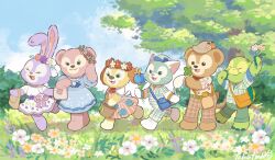 3boys 3girls animal_ears bear_girl cookieann duffy_and_friends duffy_the_disney_bear gelatoni green_fur highres looking_at_viewer multiple_boys multiple_girls olu_mel rabbit_ears rabbit_girl shelliemay shirt smile stellalou stuffed_animal stuffed_toy takatmaorange turtle_boy