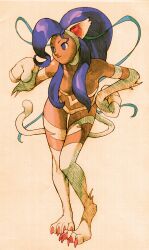 1girl animal_ears animal_hands bengus big_hair blue_eyes blue_hair body_fur breasts capcom cat_ears cat_girl cat_paws cat_tail claws darkstalkers felicia_(darkstalkers) game_cg highres large_breasts long_hair looking_to_the_side marvel_vs._capcom marvel_vs._capcom_2 non-web_source official_art scan simple_background smile solo tail white_fur