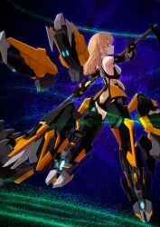 1girl absurdres alice_gear_aegis ass bare_shoulders blonde_hair bodysuit breasts gloves green_eyes highres holding holding_weapon kotomura_amane leotard long_hair looking_at_viewer looking_back mecha_musume medium_breasts solo space taida_jun thrusters weapon