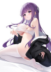 Rule 34 | 1girl, absurdres, black coat, blunt bangs, blush, bottomless, breasts, coat, covered erect nipples, crop top, fern (sousou no frieren), floating hair, from below, from side, highres, k.t.cube, large breasts, long hair, looking at viewer, open clothes, open coat, open mouth, purple eyes, purple hair, purple pupils, see-through clothes, seiza, sideboob, sidelocks, simple background, sitting, soles, solo, sousou no frieren, thighhighs, underboob, undressing, very long hair, white background, white thighhighs