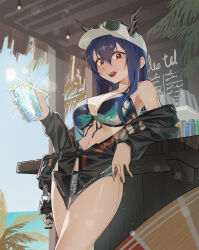 1girl absurdres arknights baseball_cap bikini blue_hair blush breasts ch&#039;en_(arknights) ch&#039;en_the_holungday_(arknights) cleavage collarbone commentary_request cowboy_shot cup dalgogi_(moonfish_1302) day dragon_girl dragon_horns drinking_glass drinking_straw eyewear_on_headwear front-tie_bikini_top front-tie_top hat highres holding holding_cup horns horns_through_headwear korean_commentary large_breasts long_hair looking_at_viewer mascot official_alternate_costume open_mouth outdoors red_eyes short_shorts shorts smile solo sunglasses swimsuit teeth upper_teeth_only