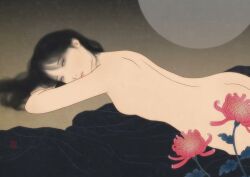 Rule 34 | 1girl, ass, black hair, chrysanthemum, completely nude, flower, long hair, looking at viewer, lying, nude, on stomach, original, red flower, sai tamiya, solo