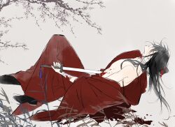 Rule 34 | 1boy, absurdres, bandaged arm, bandaged neck, bandages, bishounen, black boots, black hair, blood, blood on arm, blood on ground, blood on neck, blood on stomach, blood splatter, bloody bandages, boots, branch, chinese clothes, chinese commentary, clothes down, dao gui yi xian, grass, hair bun, hair ribbon, half updo, hanfu, highres, holding, holding sword, holding weapon, injury, li huowang, long hair, lying, male focus, off shoulder, on back, open clothes, open robe, plant, profile, red ribbon, red robe, ribbon, robe, robe partially removed, single bare shoulder, single hair bun, solo, stab, suibian59632, suicide, sword, sword tassel, tassel, tree, weapon