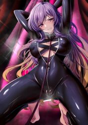 Rule 34 | 1girl, arms behind head, barefoot, biker clothes, bikesuit, black bodysuit, blonde hair, bodysuit, breasts, cameltoe, center opening, clenched teeth, commentary request, covered erect nipples, gradient hair, highres, hijiri byakuren, large breasts, leash, long hair, looking at viewer, multicolored hair, partially unzipped, purple hair, solo, squatting, teeth, teru cats, touhou, turbo byakuren, two-tone hair, urban legend in limbo, very long hair, zipper
