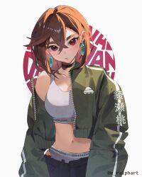 1girl ayase_momo black_choker bra breasts brown_eyes brown_hair choker clothes_pull crop_top dandadan earrings green_jacket grey_bra grey_panties grey_sports_bra highres jacket jewelry looking_at_viewer medium_breasts navel off-shoulder_jacket off_shoulder open_clothes open_jacket panties pants pants_pull ralph_alejandro single_bare_shoulder solo sports_bra text_background underwear white_background