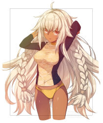 Rule 34 | 1girl, adjusting hair, ahoge, arm behind head, braid, breasts, cropped legs, dark-skinned female, dark skin, eyebrows hidden by hair, fate/grand order, fate (series), hair between eyes, lakshmibai (fate), long hair, looking at viewer, medium breasts, open mouth, panties, red eyes, saipaco, shirt, solo, underwear, very long hair, yellow panties