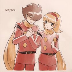 1boy 1girl blonde_hair brown_hair closed_eyes coat couple cyborg cyborg_009 francoise_arnoul green_eyes hair_over_one_eye hairband highres looking_at_another makiba_(mgmgcat) military_uniform scarf shimamura_joe short_hair simple_background