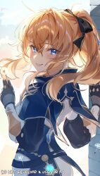 Rule 34 | 1girl, absurdres, blonde hair, blue capelet, blue eyes, blush, bow, capelet, clenched teeth, commentary, dandelion, floating hair, flower, from behind, gauntlets, genshin impact, grin, hair bow, highres, holding, holding flower, imasaki kei, jean (genshin impact), looking at viewer, looking back, outdoors, pants, parted lips, ponytail, smile, solo, teeth, twitter username, upper body, vision (genshin impact), white pants