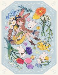 1girl animal_ear_fluff animal_ears apron artist_name baby&#039;s-breath bee black_bow black_ribbon blue_background blue_flower blunt_bangs blush boots border bow braid brown_boots brown_hair bud bug cherry_blossoms closed_eyes closed_mouth clover commentary conago dandelion dress eyelashes floral_print flower flower_request forget-me-not_(flower) four-leaf_clover full_body green_eyes hair_bow hair_ribbon headscarf highres holding holding_flower insect leaf long_hair original pansy pink_flower plant print_headwear purple_flower purple_tulip rabbit rabbit_ears rabbit_girl red_flower ribbon short_sleeves sidelocks signature simple_background smile solo star_(symbol) symbol-only_commentary tulip twin_braids very_long_hair violet_(flower) white_apron white_border white_flower white_ribbon yellow_dress yellow_flower