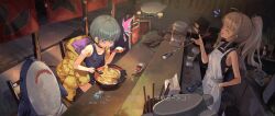 2girls ^^^ akefumi apron bare_arms bare_shoulders black_choker black_shirt blue_one-piece_swimsuit bowl breasts choker chopsticks closed_eyes collarbone commentary_request covered_navel eating food food_in_mouth gauze_on_arm green_hair grey_hair hand_on_own_hip highres holding holding_chopsticks holding_spoon jacket long_hair multiple_girls name_tag noodles one-piece_swimsuit open_mouth original pink_eyes ponytail ramen school_swimsuit shirt short_hair sitting sleeveless sleeveless_shirt small_breasts smile spoon stuffed_animal stuffed_shark stuffed_toy swimsuit turtleneck turtleneck_shirt white_apron yellow_jacket