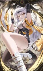 1girl absurdres ahoge arch_a4 arm_up armpits ass asymmetrical_gloves black_gloves black_shoes black_shorts black_thighhighs breasts commentary cropped_jacket elbow_gloves fingerless_gloves foot_out_of_frame gloves hair_between_eyes hair_ornament hand_up high-waist_shorts highres holding_ofuda jacket large_breasts long_hair long_sleeves looking_at_viewer open_clothes open_jacket parted_lips shoes shorts sideboob single_elbow_glove single_hair_intake single_thighhigh solo tassel thighhighs thighs uneven_gloves very_long_hair white_hair yellow_eyes yellow_jacket yixuan_(zenless_zone_zero) zenless_zone_zero