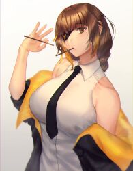 black_jacket black_necktie blunt_bangs braid brown_eyes brown_hair eyepatch food girls&#039;_frontline highres holding holding_food holding_pocky jacket long_hair looking_at_viewer m16a1_(girls&#039;_frontline) mole mole_under_eye multicolored_hair necktie pocky scar scar_across_eye scar_on_face shirt sleeveless solo upper_body white_shirt xanax025