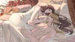 bare_arms bed_sheet blonde_hair blue_eyes breasts brown_hair couple dress earrings hair_between_eyes hetero highres holding_hands jewelry kurokawa_karasu link long_hair looking_at_another medium_breasts nintendo on_bed pants parted_bangs pillow pointy_ears princess_zelda ring short_hair sidelocks sleeveless sleeveless_dress the_legend_of_zelda the_legend_of_zelda:_twilight_princess topless_male white_dress white_pants