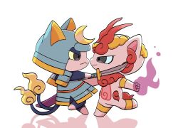 animal_ears armor blue_armor blush bushinyan cat_ears fire flame-tipped_tail helmet hitodama holding holding_sword holding_weapon japanese_armor kabuto_(helmet) katana looking_at_another multiple_tails no_humans notched_ear open_mouth purple_fire shurakoma simple_background sword tail two_tails weapon white_background white_fur youkai_(youkai_watch) youkai_700 youkai_watch