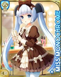1girl black_footwear blue_eyes blunt_bangs bow brown_bow brown_dress card character_name day dress frilled_dress frills girlfriend_(kari) indoors leggings miss_monochrome miss_monochrome_(character) official_art open_mouth qp:flapper solo standing tagme thighhighs twintails white_bow white_hair white_leggings