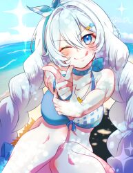 1girl ;) absurdres aqua_bikini beach bikini blue_eyes braid breasts collarbone headband highres honkai_(series) honkai_impact_3rd honkai_impact_3rd_icon_parody jewelry kiana_kaslana kiana_kaslana_(sunny_beach) large_breasts long_hair looking_at_viewer necklace one_eye_closed outdoors pointing pointing_at_viewer sand satoyukitowa shadow smile solo swimsuit tareme tongue tongue_out twin_braids very_long_hair water white_hair
