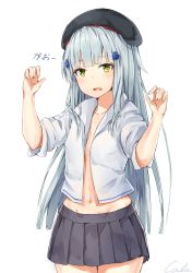 1girl absurdres artist_name beret black_cola black_skirt blouse blue_hair blunt_bangs blush collarbone cowboy_shot female_focus gao girls&#039;_frontline green_eyes hair_ornament hands_up hat highres hk416_(girls&#039;_frontline) long_hair looking_at_viewer navel no_bra open_clothes open_mouth open_shirt paw_pose pleated_skirt shirt sidelocks signature silver_hair simple_background skirt sleeves_rolled_up solo straight_hair white_background