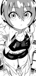 Rule 34 | 1girl, amate yuzuriha, bra, breasts, closed mouth, gundam, gundam gquuuuuux, highres, ireading, long sleeves, looking at viewer, monochrome, school uniform, short hair, sweat, sweater, underwear, undressing