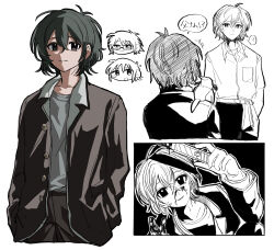 Rule 34 | 3boys, absurdres, animal, animal on shoulder, bird, bird on shoulder, black hair, blood, blood on face, blood on hands, bloody weapon, boxcutter, brown eyes, commentary request, gakuran, hands in pockets, highres, holding, holding boxcutter, jacket, looking at viewer, multiple boys, open clothes, open jacket, partially colored, randal&#039;s friends, randal ivory, school uniform, short hair, simple background, translation request, tsukada satoru, weapon, white background, zakuro (kdxd87965)