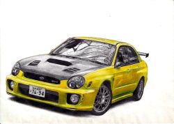 car license_plate m.m_(chosuke320) motor_vehicle no_humans original shadow simple_background spoiler_(automobile) subaru_(brand) subaru_impreza traditional_media vehicle_focus white_background yellow_car