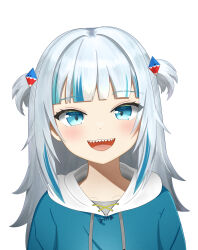 1girl absurdres animal_costume blue_eyes blue_hoodie blunt_bangs gawr_gura gawr_gura_(1st_costume) hair_ornament highres hololive hood hoodie long_sleeves looking_at_viewer multicolored_hair oo_shrimps open_mouth shark_costume shark_girl shark_hair_ornament sharp_teeth smile solo streaked_hair teeth two-tone_hair two_side_up virtual_youtuber white_background white_hair